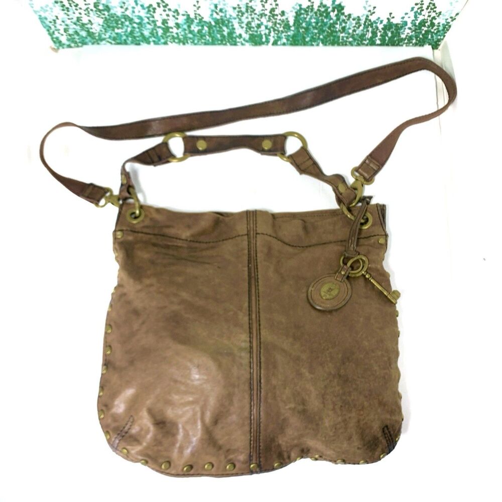 Fossil Leather Double Strap Studded Hobo Purse With Charms Women’s